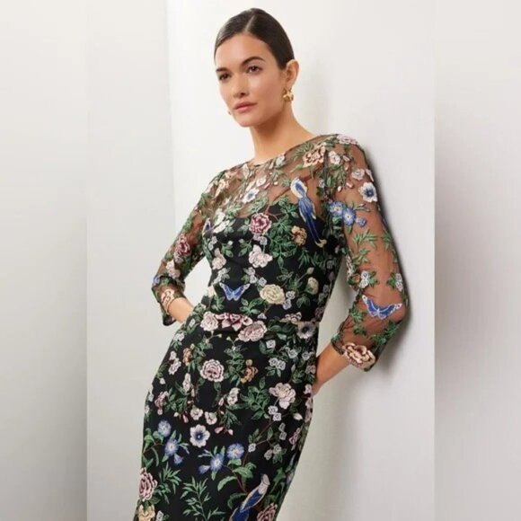 NWT Marchesa Notte Floral Embroidered On Tulle Midi Dress Size 10 - Picture 5 of 7